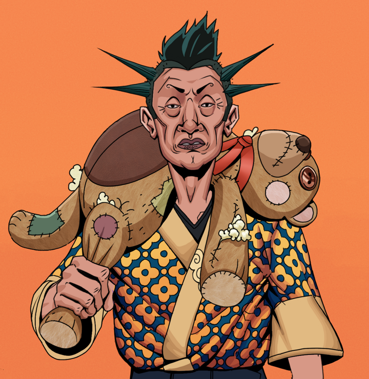 Goro — Degen Dojo NFT art (Shirtless Runt, Orange Afternoon, Degens, Yellow Flowers Silk Kimono, Goro, Yakuza Ruffian, Teddy Bear, Mint)
