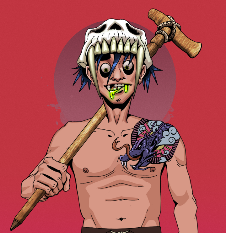 Toxic Azuma — Degen Dojo NFT art (Shirtless Runt, Red High Moon, Degens, Dragon Head Tattoo, Toxic Azuma, Sabertooth Skull, Wooden Walking Cane, Mint)