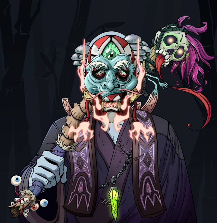 One-Eyed Itsuki — Degen Dojo NFT art (Shirtless Runt, Night Forest, Demons, Dejen Apostate, One-Eyed Itsuki, Kitsune Mask, Kung Fu Master, Shaman Skull Staff, Mint)