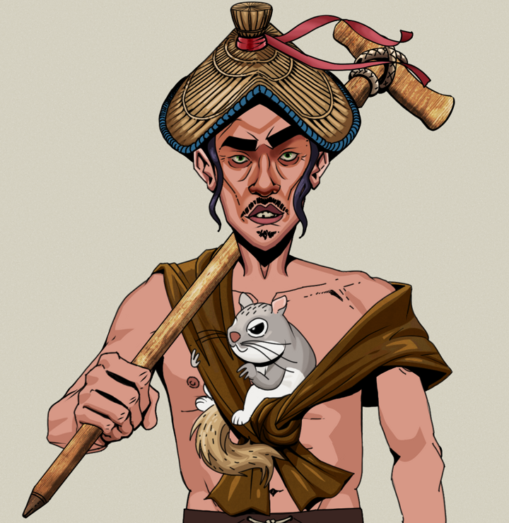 Gloomy Masumi — Degen Dojo NFT art (Shirtless Runt, Warm Grey, Degens, Little Momonga Friend, Gloomy Masumi, High Straw Rice Hat, Wooden Walking Cane, Mint)