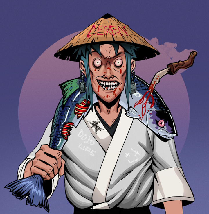 Assassin Fuzen — Degen Dojo NFT art (Iron Earrings, Purple Night, Degens, No Honor Kimono, Assassin Fuzen, Shirtless Runt, Degen Graffiti Rice Hat, Dead Fish, Mint)