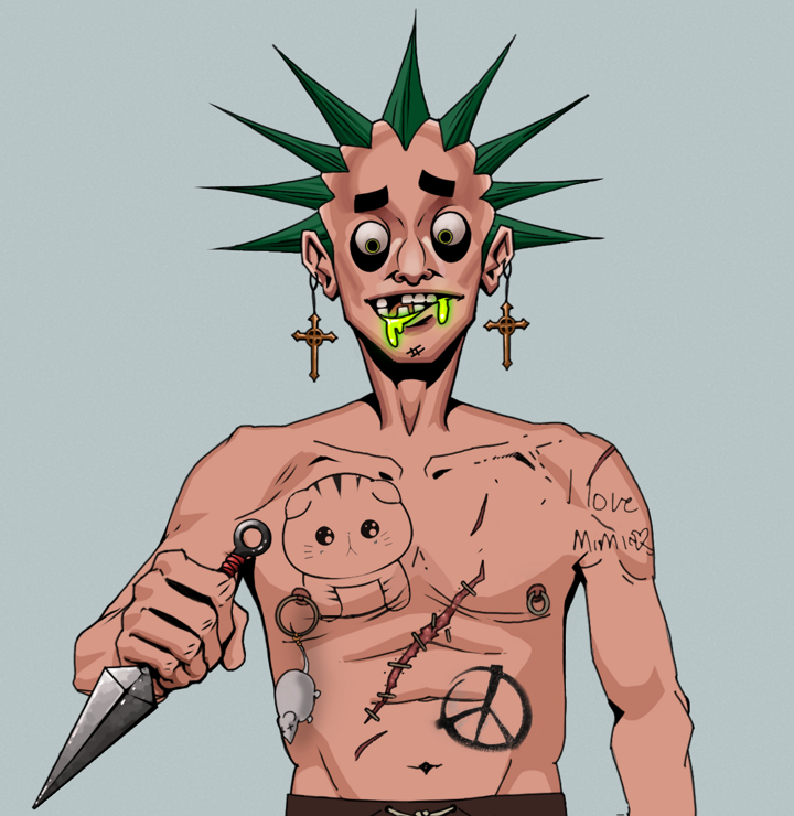 Toxic Azuma — Degen Dojo NFT art (Jesuit Crosses, Light Grey, Degens, Recovering Alcoholic, Toxic Azuma, Shirtless Runt, Zapachi, Kunai, Mint)