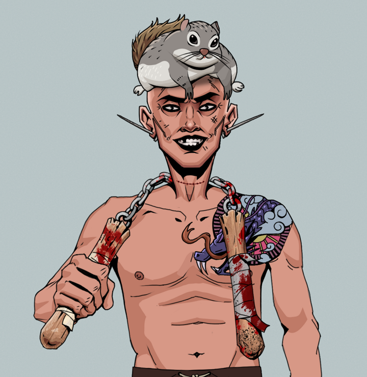 Junichiro Reborn — Degen Dojo NFT art (Nails, Light Grey, Degens, Dragon Head Tattoo, Junichiro Reborn, Shirtless Runt, Mr. Momonga Hat, Bloody Nunchucks, Mint)