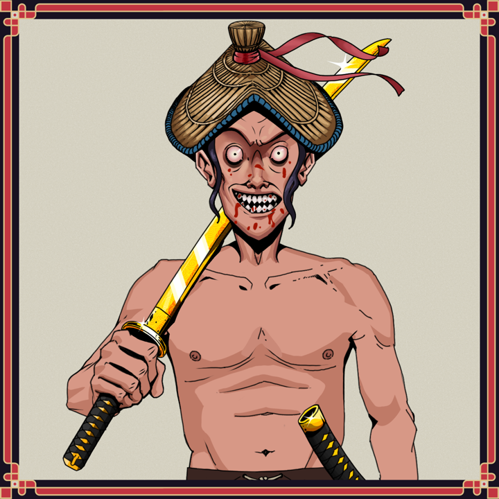Assassin Fuzen — Degen Dojo NFT art (Shirtless Runt, Warm Grey, Assassin Fuzen, Degen, High Straw Rice Hat, Unfamiliar Fox Bind, Golden Katana, Framed)