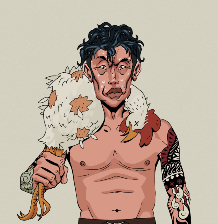 Stresshead Rin — Degen Dojo NFT art (Shirtless Runt, Warm Grey, Degens, Yakuza Tattoo Sleeves, Stresshead Rin, Messy, Chicken, Mint)