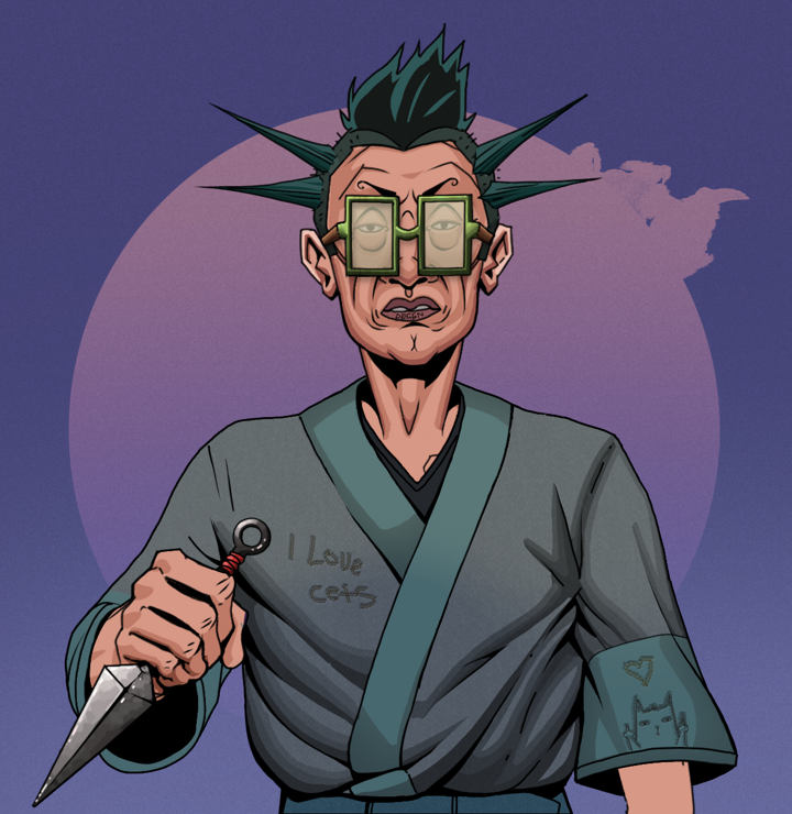 Goro — Degen Dojo NFT art (Shirtless Runt, Purple Night, Degens, Cet Kimono, Goro, Shoji Glasses, Yakuza Ruffian, Kunai, Mint)