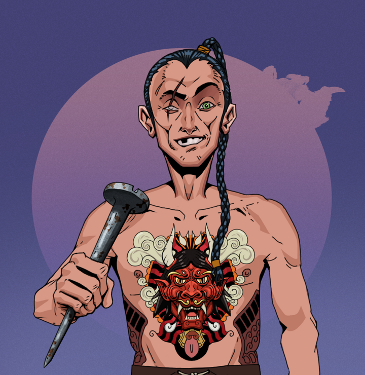 One-Eyed Itsuki — Degen Dojo NFT art (Shirtless Runt, Purple Night, Degens, Red Oni Tattoo, One-Eyed Itsuki, Braided Samurai Ponytail, Rusty Nail, Mint)