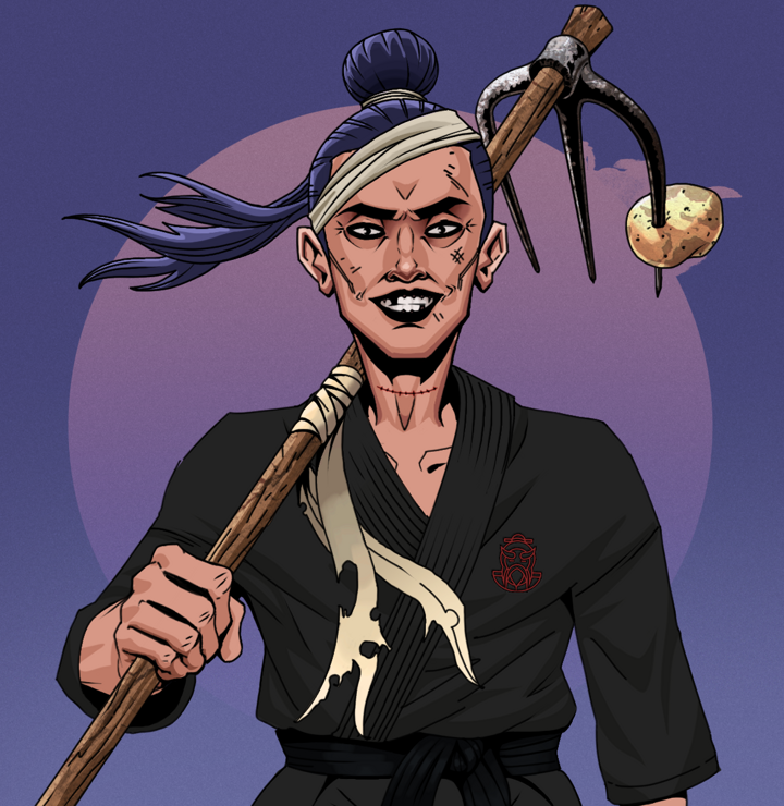 Junichiro Reborn — Degen Dojo NFT art (Shirtless Runt, Purple Night, Degens, Master Black Gi, Junichiro Reborn, Long Flowing, Farmers Hoe, Mint)