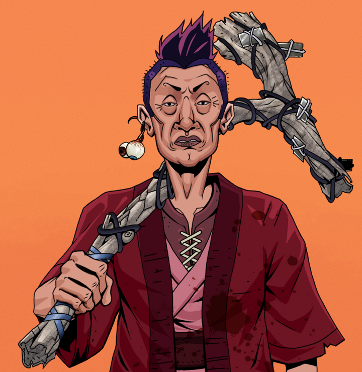 Goro — Degen Dojo NFT art (Shaman Eyes, Orange Afternoon, Degens, Red Warrior Kimono, Goro, Shirtless Runt, Yakuza Hooligan, Large Branch, Mint)