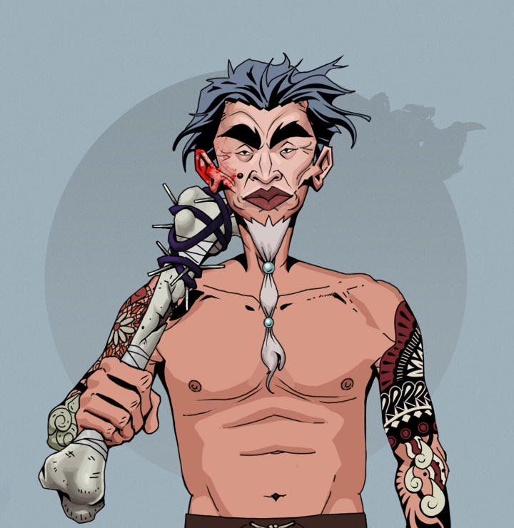 Yuji The Wise — Degen Dojo NFT art (Shirtless Runt, Grey Mist, Degens, Yakuza Tattoo Sleeves, Yuji The Wise, Wavy, Spiky Femur, Mint)