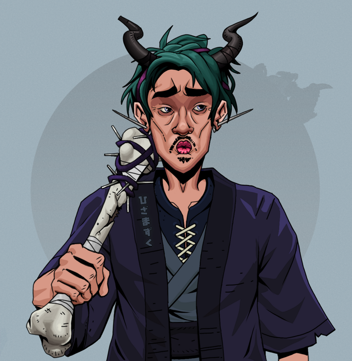 Masumi Steel — Degen Dojo NFT art (Nails, Grey Mist, Degens, Daimyo Warrior Kimono, Masumi Steel, Shirtless Runt, Black Oni Horns, Spiky Femur, Mint)