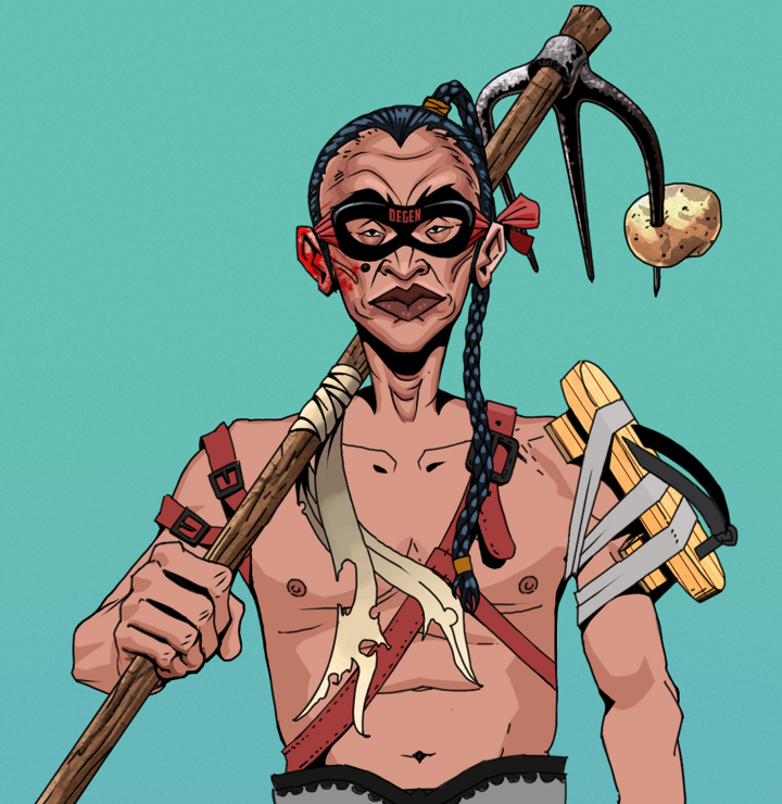 Young Yuji — Degen Dojo NFT art (Shirtless Runt, Teal Daytime, Degens, Strap On Geta, Young Yuji, Degen Superhero, Braided Samurai Ponytail, Farmers Hoe, Mint)