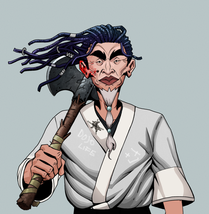 Yuji The Wise — Degen Dojo NFT art (Shirtless Runt, Light Grey, Degens, No Honor Kimono, Yuji The Wise, Flowing Dreads, Axe, Mint)
