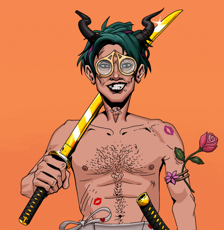Junichiro — Degen Dojo NFT art (Shirtless Runt, Orange Afternoon, Degens, Womanizer, Junichiro, Pocket Glasses, Black Oni Horns, Golden Katana, Mint)
