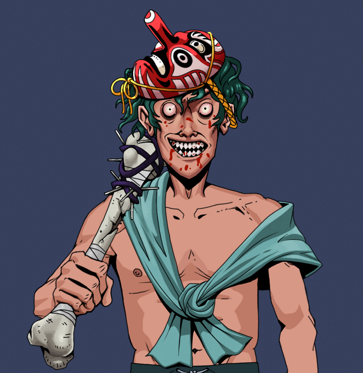 Assassin Fuzen — Degen Dojo NFT art (Shirtless Runt, Blue Evening, Degens, Queeny Chic, Assassin Fuzen, Tengu Mask, Spiky Femur, Mint)