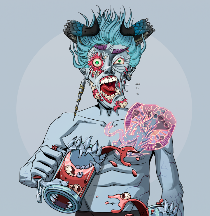 Tokuda — Degen Dojo NFT art (Shark Tooth, Grey Mist, Demons, Dragon Head Tattoo, Tokuda, Shirtless Runt, Black Oni Horns, Beer Splash, Mint)