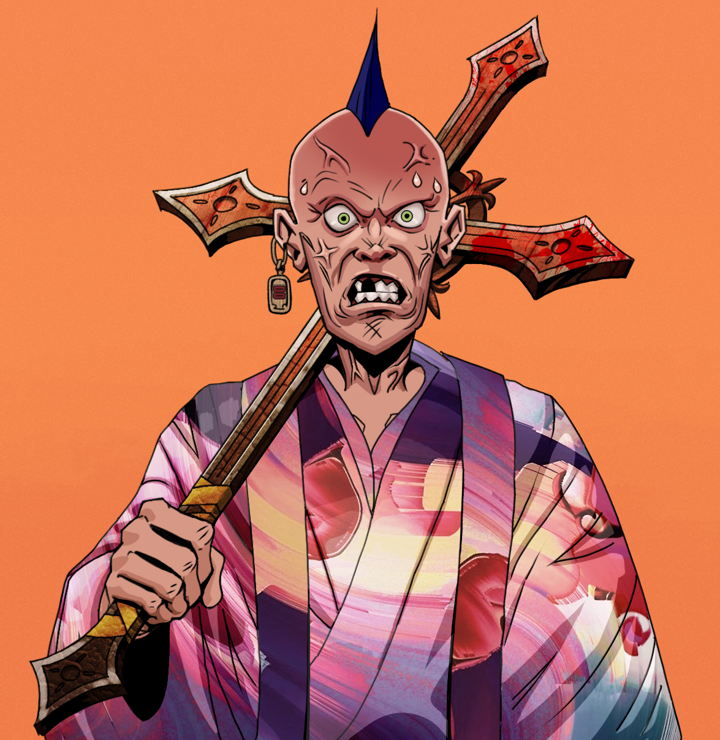 Angry Ikari — Degen Dojo NFT art (Dojo Paper Earring, Orange Afternoon, Degens, Autumn Sakura Kimono, Angry Ikari, Shirtless Runt, Mohawk Spike, Jesuit Bloody Cross, Mint)