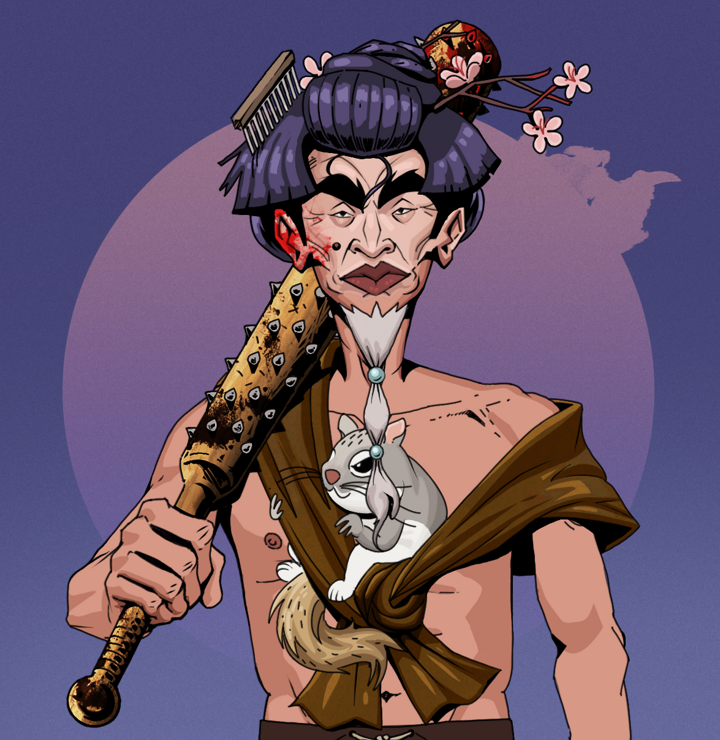 Yuji The Wise — Degen Dojo NFT art (Shirtless Runt, Purple Night, Degens, Little Momonga Friend, Yuji The Wise, Disheveled Geisha, Yakuza Club, Mint)