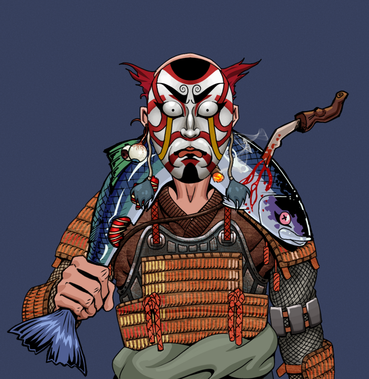 Raikou The Stoner — Degen Dojo NFT art (Shaman Eyes, Blue Evening, Degens, Tatami Tosei Gusoku, Raikou The Stoner, Kitsune Mask, Red Heihachi, Dead Fish, Mint)