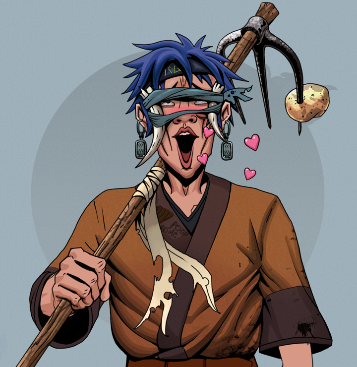 Lovey Haruto — Degen Dojo NFT art (Iron Earrings, Grey Mist, Degens, Poop Pride Kimono, Lovey Haruto, Tied Horns, Bum Headband Ruffian, Farmers Hoe, Mint)
