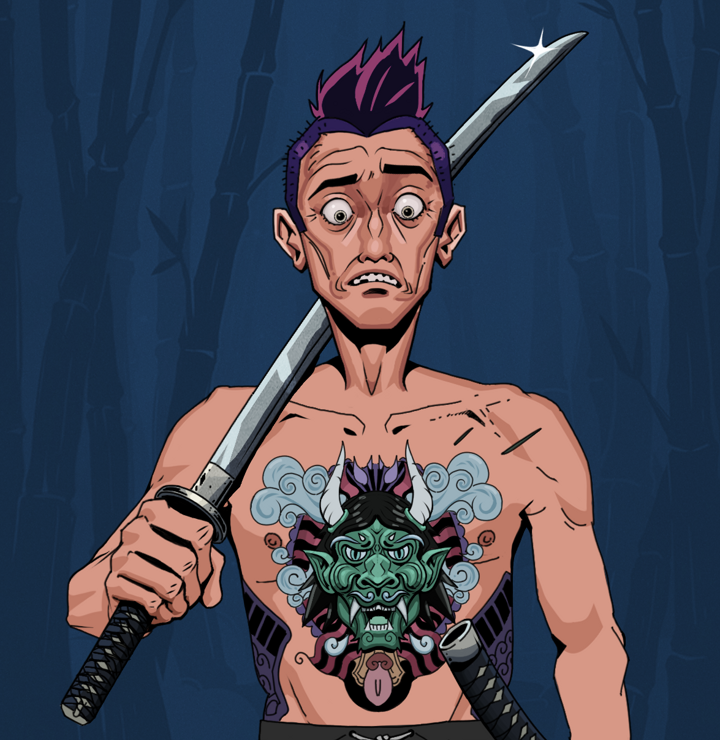 Shitless Botan — Degen Dojo NFT art (Shirtless Runt, Night Forest, Degens, Blue Oni Tattoo, Shitless Botan, Yakuza Hooligan, Katana, Mint)
