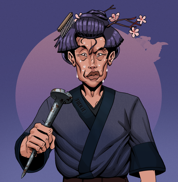 Stresshead Rin — Degen Dojo NFT art (Shirtless Runt, Purple Night, Degens, Fuck You Kimono, Stresshead Rin, Disheveled Geisha, Rusty Nail, Mint)