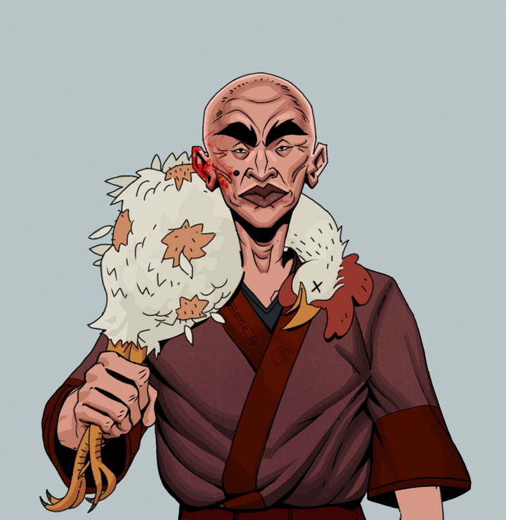 Young Yuji — Degen Dojo NFT art (Shirtless Runt, Light Grey, Degens, Proud Dejen Kimono, Young Yuji, Bald, Chicken, Mint)