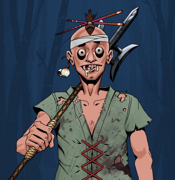 Drooling Azuma — Degen Dojo NFT art (Shaman Eyes, Night Forest, Degens, Dirty Peasant Rags, Drooling Azuma, Shirtless Runt, Hair Bun With Chopsticks, Bishamon Yari, Mint)