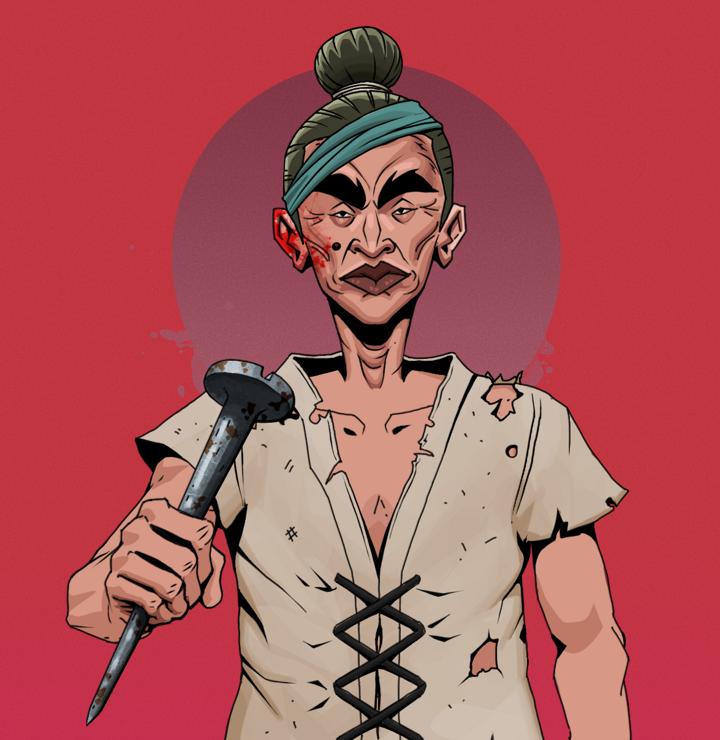 Young Yuji — Degen Dojo NFT art (Shirtless Runt, Red High Moon, Degens, Rice Sack Rags, Young Yuji, Hair Bun, Rusty Nail, Mint)