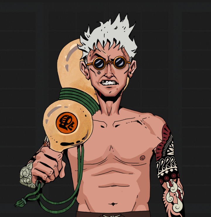 Akuma — Degen Dojo NFT art (Shirtless Runt, Shoji Night, Degens, Yakuza Tattoo Sleeves, Akuma, Dark Spectacles, Short Spiky Grey, Giant Sake Bottle, Mint)