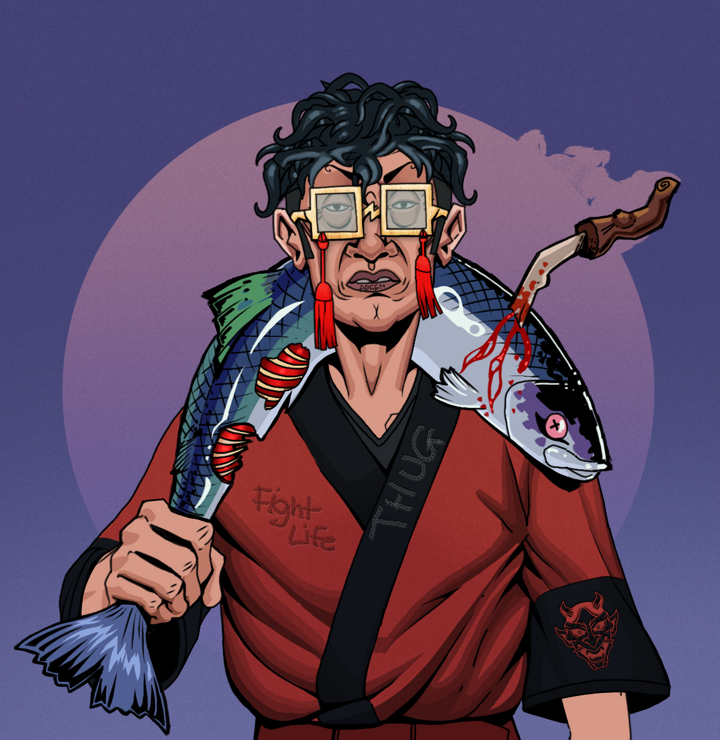 Goro — Degen Dojo NFT art (Shirtless Runt, Purple Night, Degens, Red Oni Kimono, Goro, Shoji Tassel Glasses, Messy, Dead Fish, Mint)
