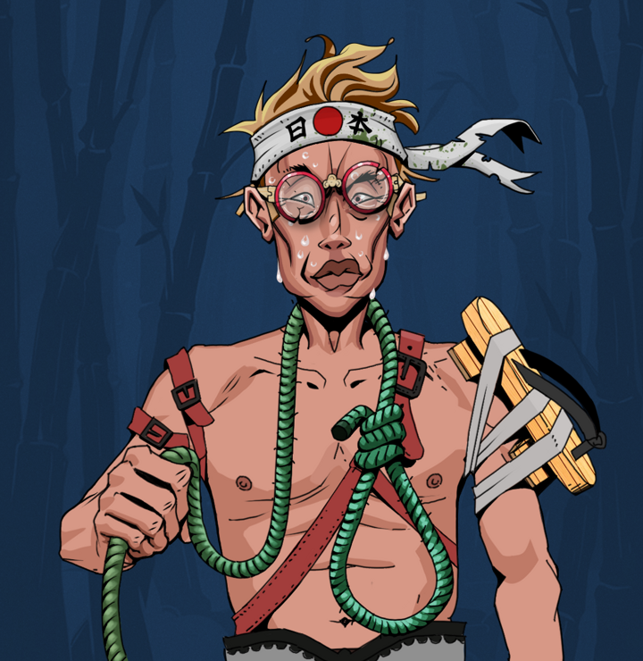 Stresshead Rin — Degen Dojo NFT art (Shirtless Runt, Night Forest, Degens, Strap On Geta, Stresshead Rin, Broken Glasses, Karate Headband, Noose, Mint)