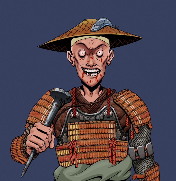 Assassin Fuzen — Degen Dojo NFT art (Shirtless Runt, Blue Evening, Degens, Tatami Tosei Gusoku, Assassin Fuzen, Wide Kasa Fisherman, Rusty Nail, Mint)