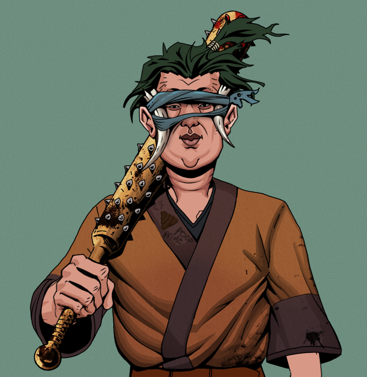 Fat Bob — Degen Dojo NFT art (Shirtless Runt, Olive Green, Degens, Poop Pride Kimono, Fat Bob, Tied Horns, Messy Ponytail, Yakuza Club, Mint)