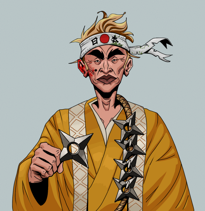 Young Yuji — Degen Dojo NFT art (Shirtless Runt, Light Grey, Degens, Ordained Dejen, Young Yuji, Karate Headband, Shuriken Belt, Mint)
