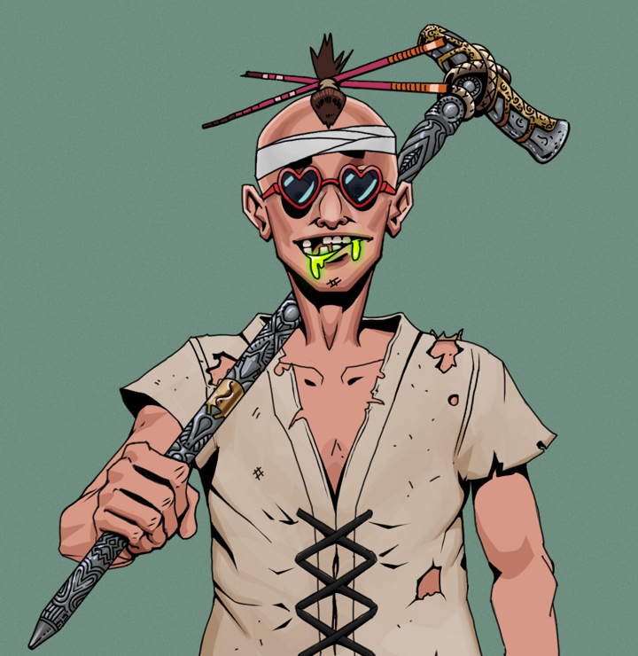Toxic Azuma — Degen Dojo NFT art (Shirtless Runt, Olive Green, Degens, Rice Sack Rags, Toxic Azuma, Loveheart Shades, Hair Bun With Chopsticks, Artisan Walking Cane, Mint)