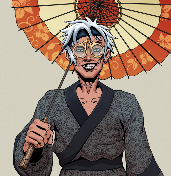 Junichiro — Degen Dojo NFT art (Shirtless Runt, Warm Grey, Degens, Sushi Love Loose Kimono, Junichiro, Pocket Glasses, White Ruffian, Floral Parasol, Mint)