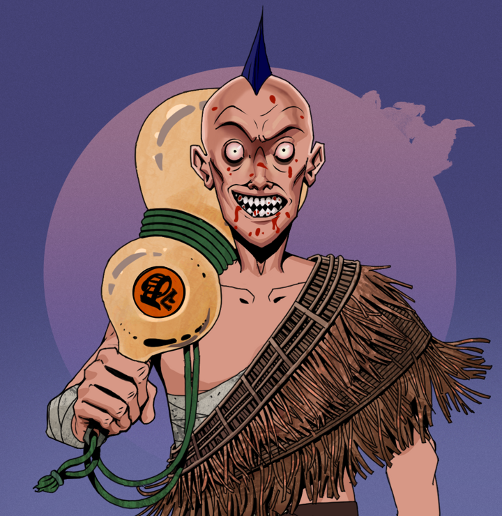 Assassin Fuzen — Degen Dojo NFT art (Shirtless Runt, Purple Night, Degens, Dried Straw, Assassin Fuzen, Mohawk Spike, Giant Sake Bottle, Mint)