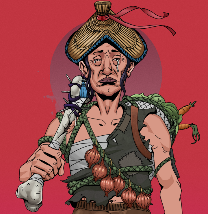 Teary Goro — Degen Dojo NFT art (Tassel, Red High Moon, Degens, Farmer, Teary Goro, Shirtless Runt, High Straw Rice Hat, Spiky Femur, Mint)