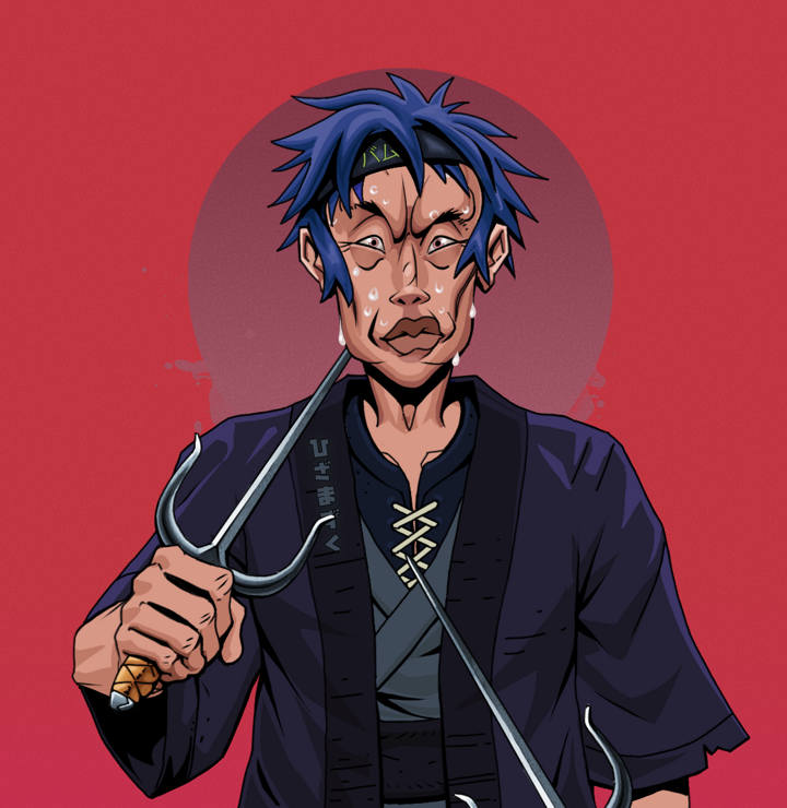 Stresshead Rin — Degen Dojo NFT art (Shirtless Runt, Red High Moon, Degens, Daimyo Warrior Kimono, Stresshead Rin, Bum Headband Ruffian, Dual Sai, Mint)