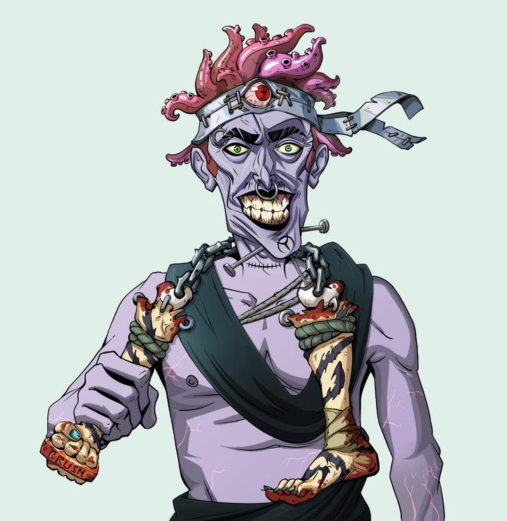 Junichiro Reborn — Degen Dojo NFT art (Shirtless Runt, Teal Daytime, Demons, Queeny Chic, Junichiro Reborn, Karate Headband, Bloody Nunchucks, Mint)