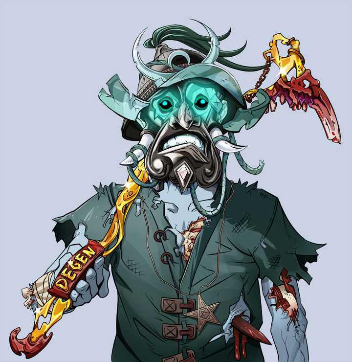 Shitless Botan — Degen Dojo NFT art (Shirtless Runt, Blue Evening, Demons, Dirty Peasant Rags, Shitless Botan, Black Iron Kabuto, Golden Walking Cane, Mint)