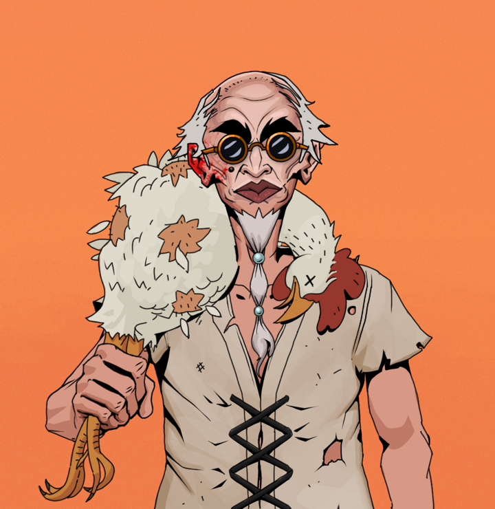 Yuji The Wise — Degen Dojo NFT art (Shirtless Runt, Orange Afternoon, Degens, Rice Sack Rags, Yuji The Wise, Dark Spectacles, Kung Fu Master, Chicken, Mint)