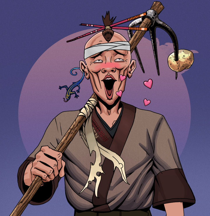 Lovey Haruto — Degen Dojo NFT art (Lizard, Purple Night, Degens, Degen Dojo Kimono, Lovey Haruto, Shirtless Runt, Hair Bun With Chopsticks, Farmers Hoe, Mint)