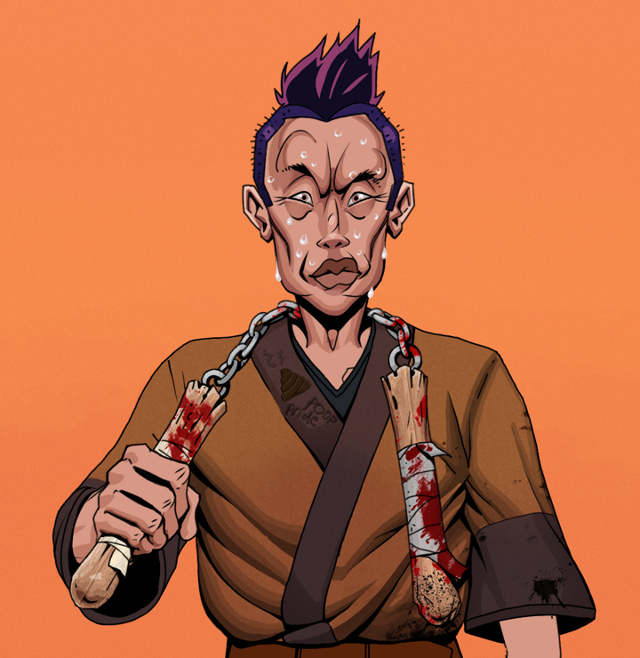 Stresshead Rin — Degen Dojo NFT art (Shirtless Runt, Orange Afternoon, Degens, Poop Pride Kimono, Stresshead Rin, Yakuza Hooligan, Bloody Nunchucks, Mint)