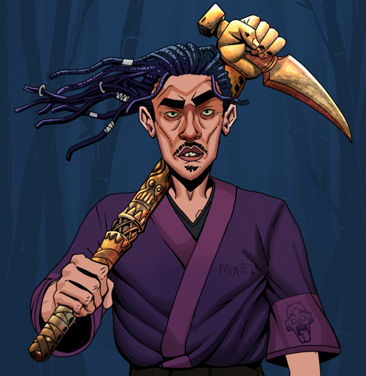 Gloomy Masumi — Degen Dojo NFT art (Shirtless Runt, Night Forest, Degens, Money Kimono, Gloomy Masumi, Flowing Dreads, Bronze Fisted Sickle, Mint)