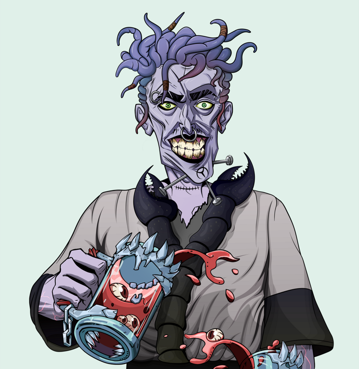 Junichiro Reborn — Degen Dojo NFT art (Shirtless Runt, Teal Daytime, Demons, Katana Kimono, Junichiro Reborn, Messy, Beer Splash, Mint)