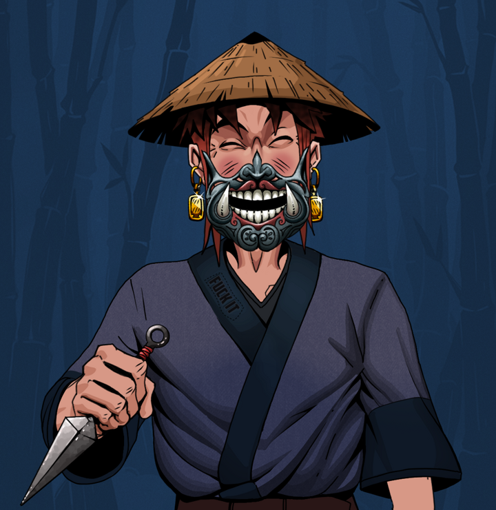 Cheery Haru — Degen Dojo NFT art (Gold Earrings, Night Forest, Degens, Fuck You Kimono, Cheery Haru, Hannya Half Mask, Rice Hat, Kunai, Mint)