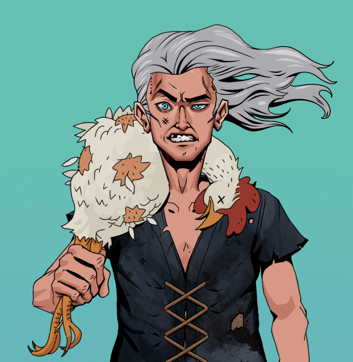 Akuma — Degen Dojo NFT art (Shirtless Runt, Teal Daytime, Degens, Black Peasant Sack, Akuma, Wise Greatness, Chicken, Mint)