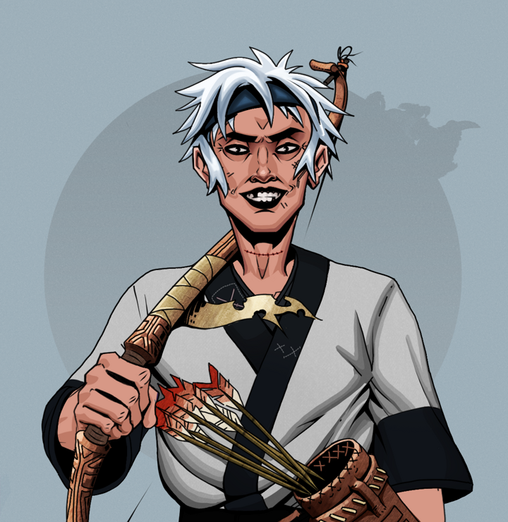 Junichiro Reborn — Degen Dojo NFT art (Shirtless Runt, Grey Mist, Degens, Katana Kimono, Junichiro Reborn, White Ruffian, Runed Yumi, Mint)
